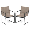 Set of 2 outdoor dining chairs with breathable brown fabric seats and sturdy metal frames, perfect for patio relaxation.