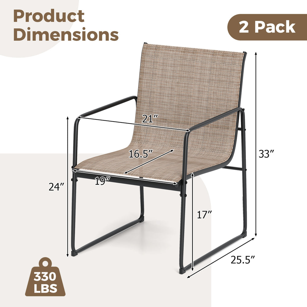 Brown outdoor dining chair with breathable seat, heavy-duty metal frame, and dimensions for patio use. Set of 2.