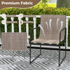 Brown outdoor dining chair set with breathable fabric, curved backrest, and sturdy metal frame for patio relaxation.
