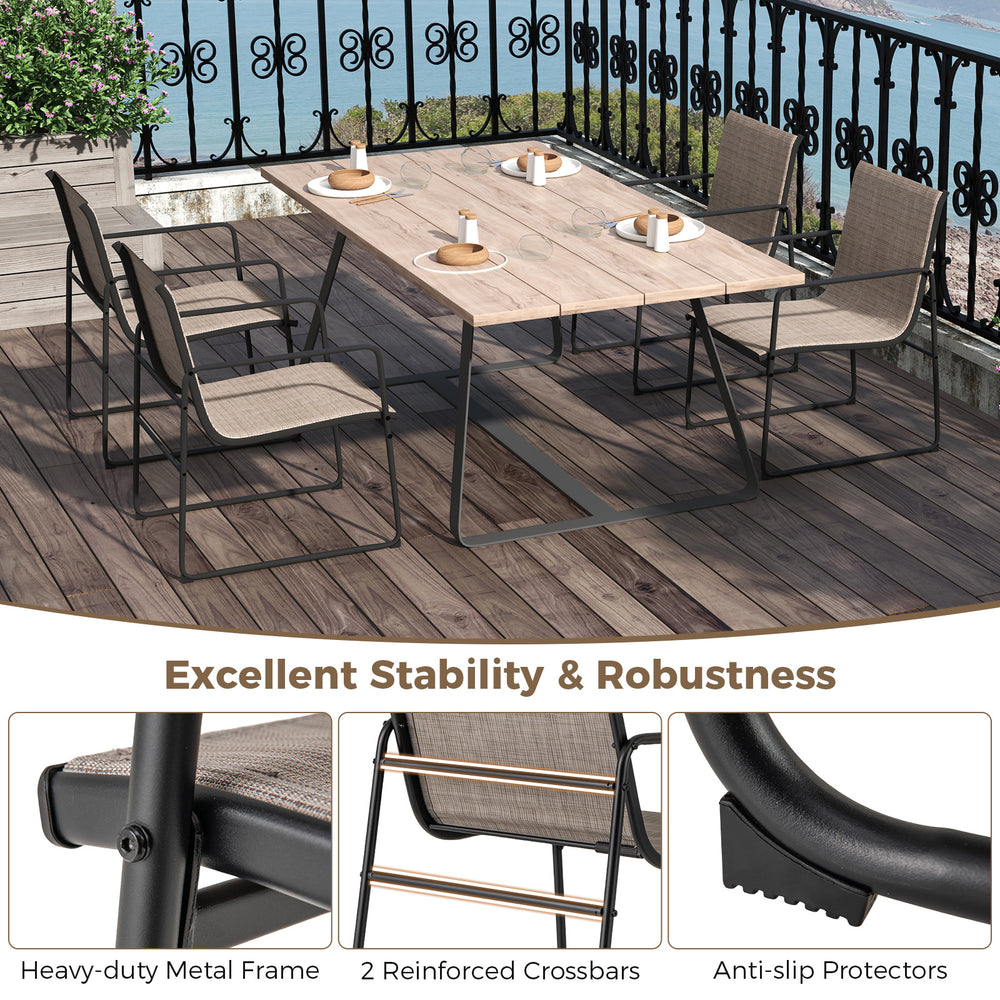 Set of 2 outdoor dining chairs with breathable fabric, heavy-duty metal frame, perfect for patio or balcony use.