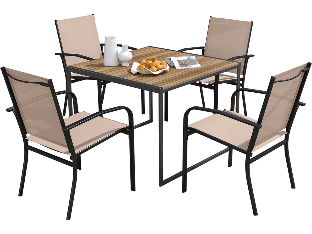 Light brown outdoor dining chairs set of 4 with high back and metal frame, perfect for patio dining and easy storage.
