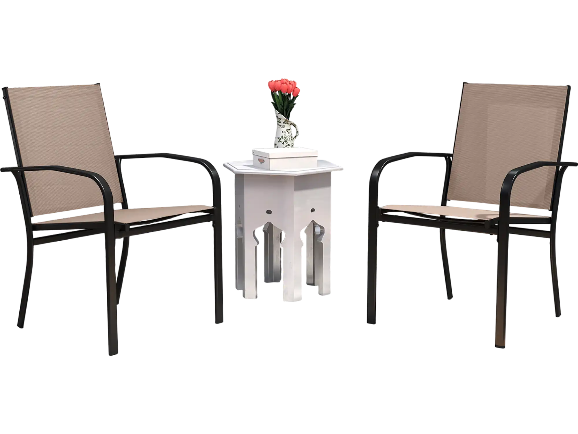 Costway Outdoor Dining Chairs Set of 2 High Back Metal Frame Light Brown 831469752 New