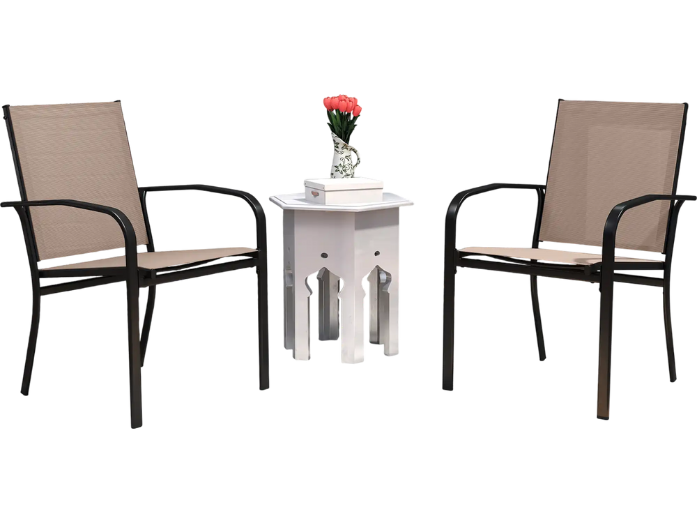 Set of 2 outdoor dining chairs with high back and metal frame in light brown, perfect for patio relaxation.