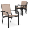 Set of 4 outdoor dining chairs with high back and metal frame in light brown, stackable for easy storage.