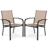 Set of 2 outdoor dining chairs with high back and metal frame in light brown, featuring stackable design for easy.