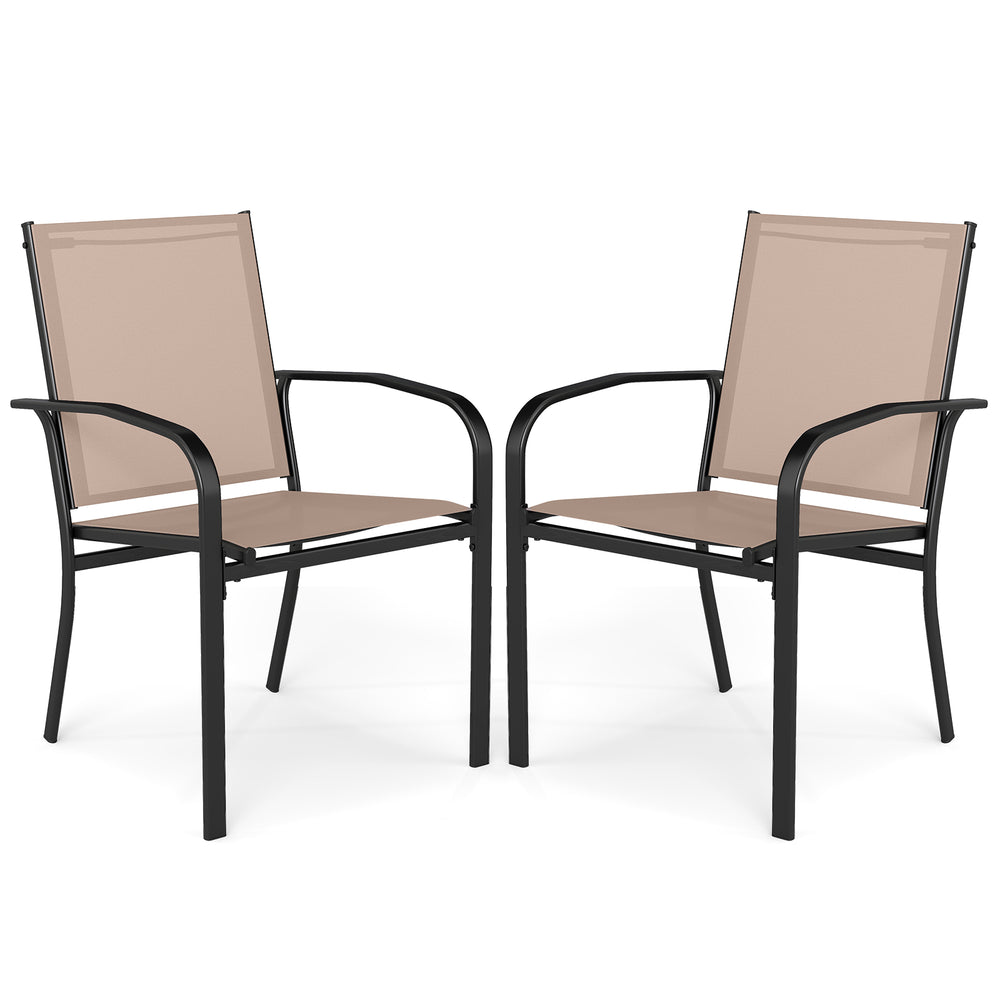 Set of 2 outdoor dining chairs with high back and metal frame in light brown, featuring stackable design for easy.