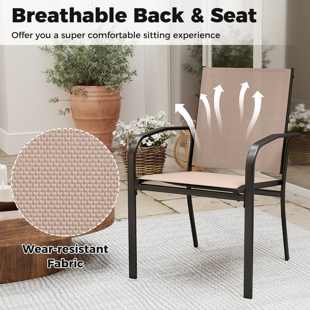 Light brown outdoor dining chair with breathable fabric and ergonomic high backrest, ideal for patio dining.