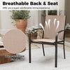 Light brown outdoor dining chair with breathable fabric and high backrest, perfect for patio dining and easy storage.