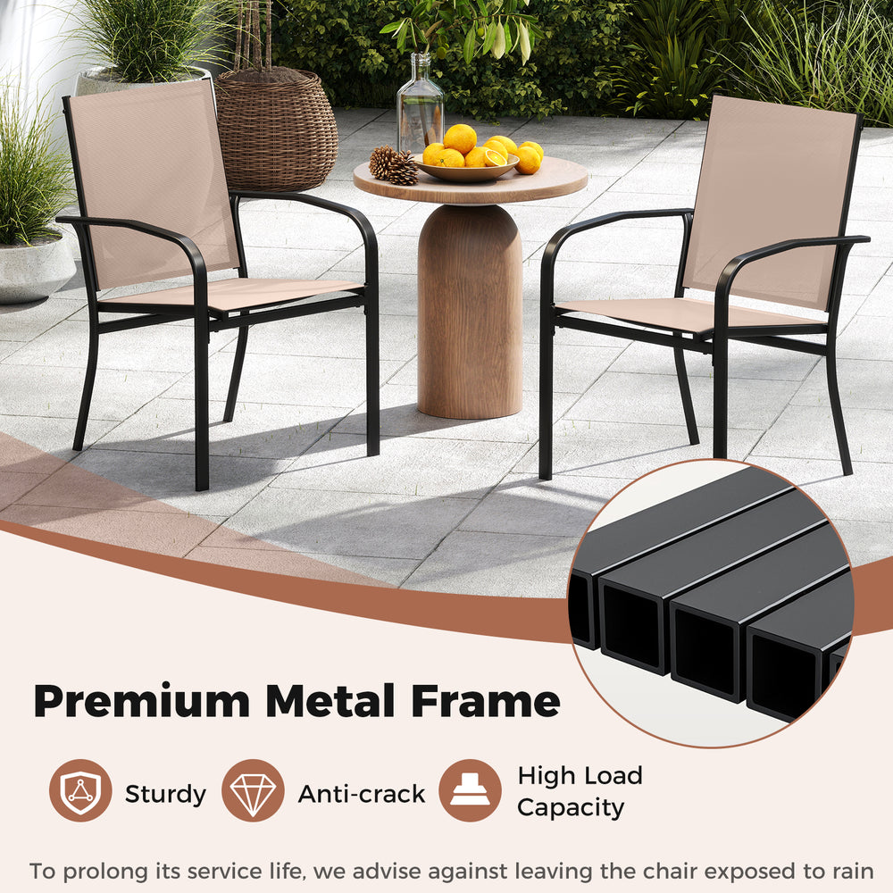 Light brown outdoor dining chairs set of 4 with high back and sturdy metal frame, ideal for patio dining.