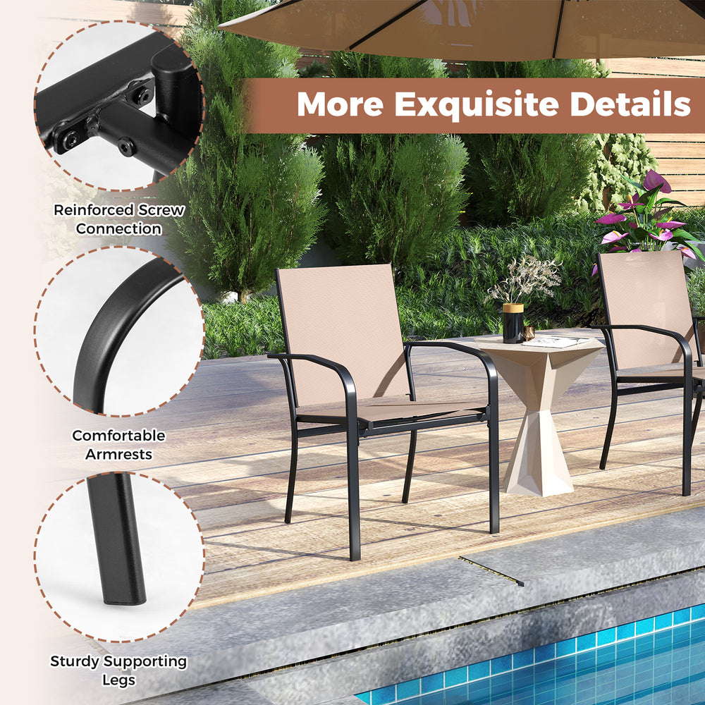 Light brown outdoor dining chairs set of 2 with high back, metal frame, and comfortable armrests for patio use.