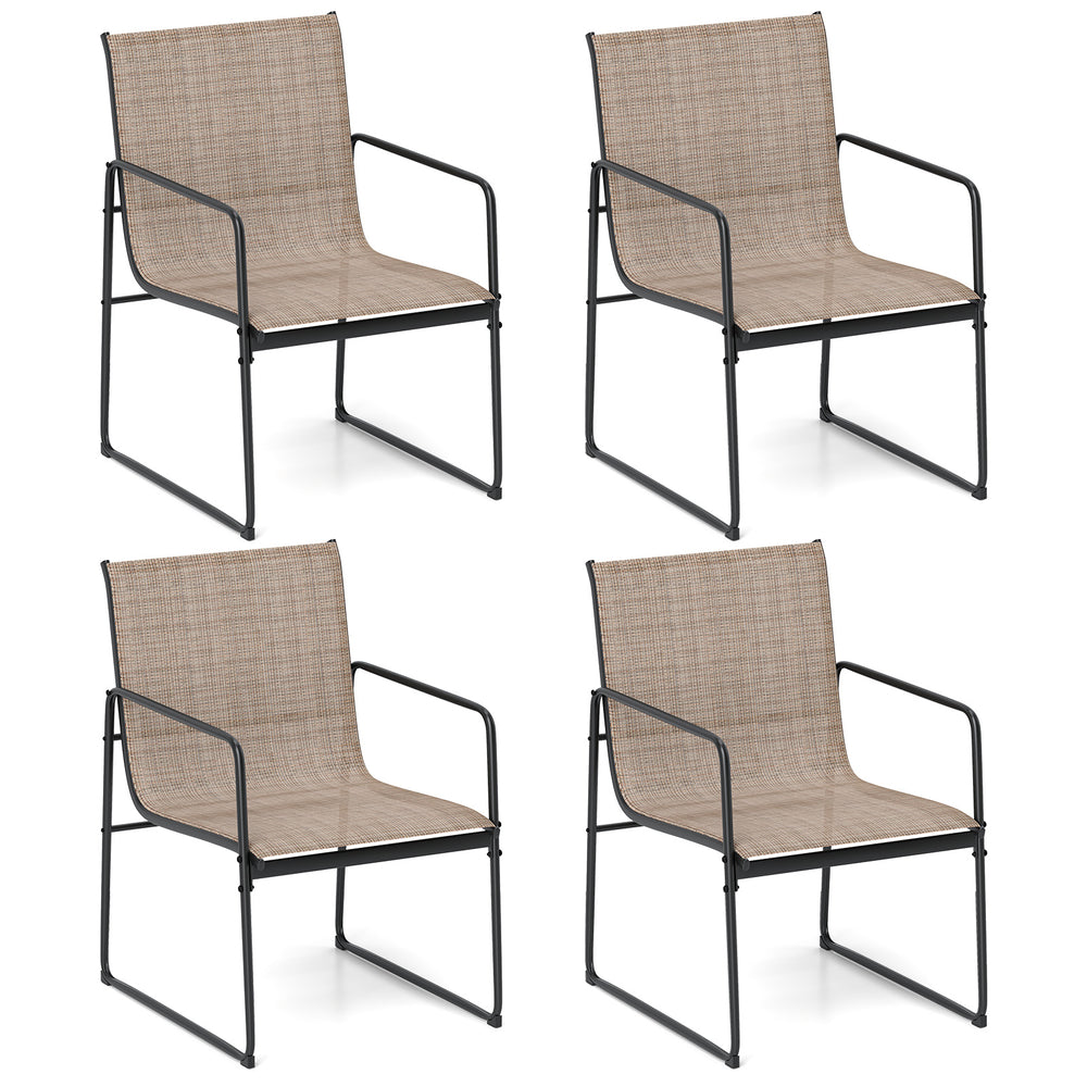 Set of 4 outdoor dining chairs with breathable fabric and sturdy metal frame, ideal for patio or balcony use.