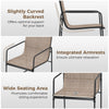 Slightly curved backrest and wide seating area of brown outdoor dining chair set for comfortable patio relaxation.