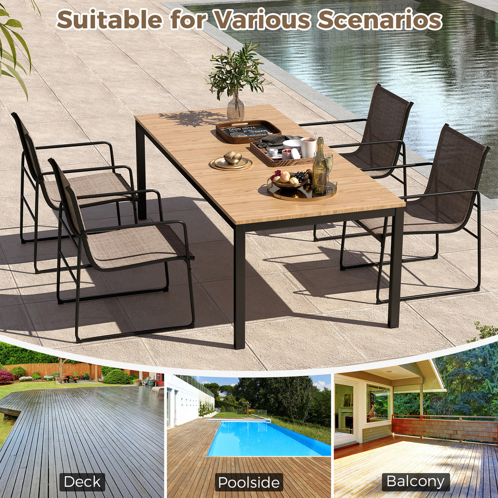 Set of 4 outdoor dining chairs with breathable fabric and sturdy metal frame, ideal for deck, poolside, or balcony use.