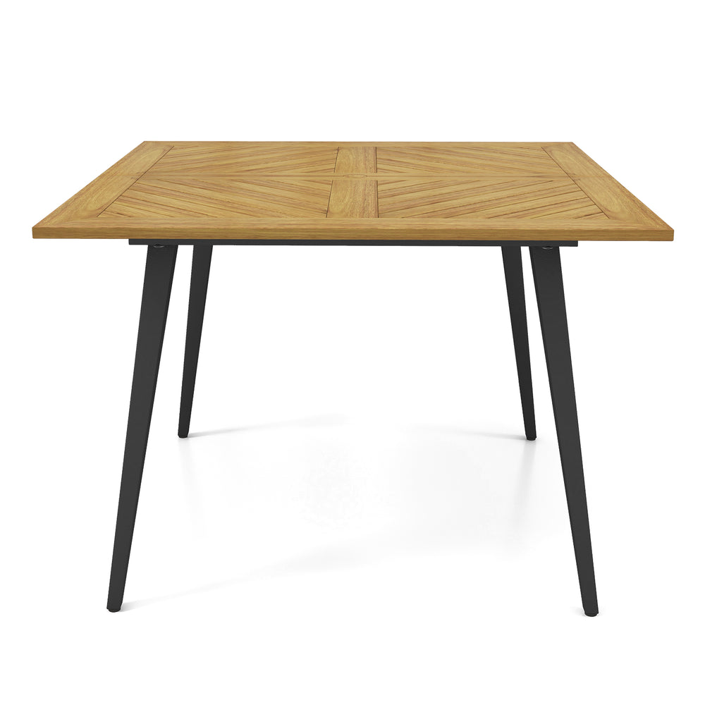 Square acacia wood outdoor dining table with metal legs, designed for 4 people, perfect for garden or poolside use.