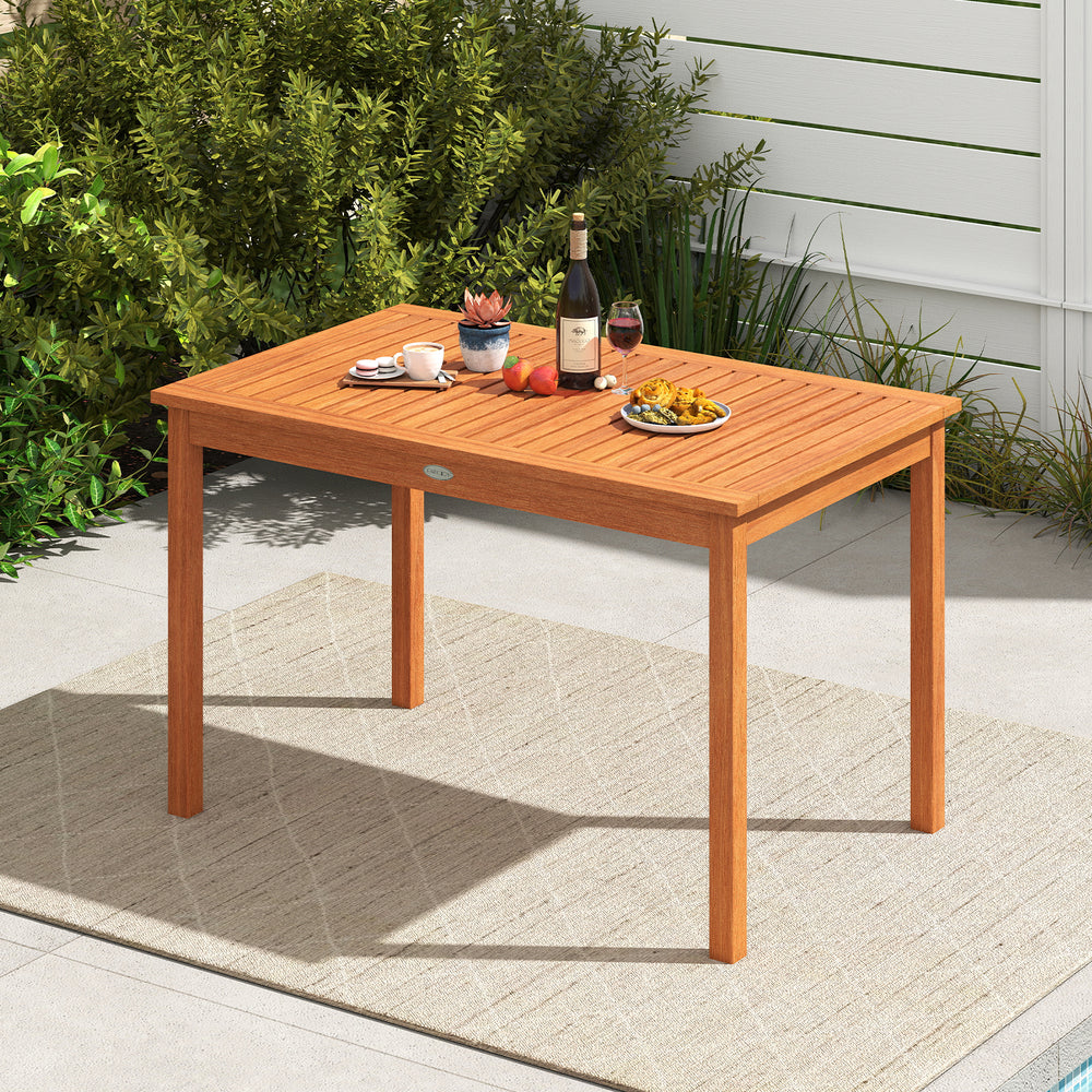 Wooden rectangular outdoor dining table for 4-6 people, 48 inches, featuring a slatted top and rustic charm for patio.