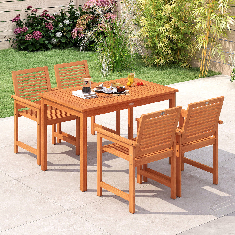 Wooden outdoor dining table for 4-6 people, 48 inches, with slatted top, ideal for patio or backyard use.