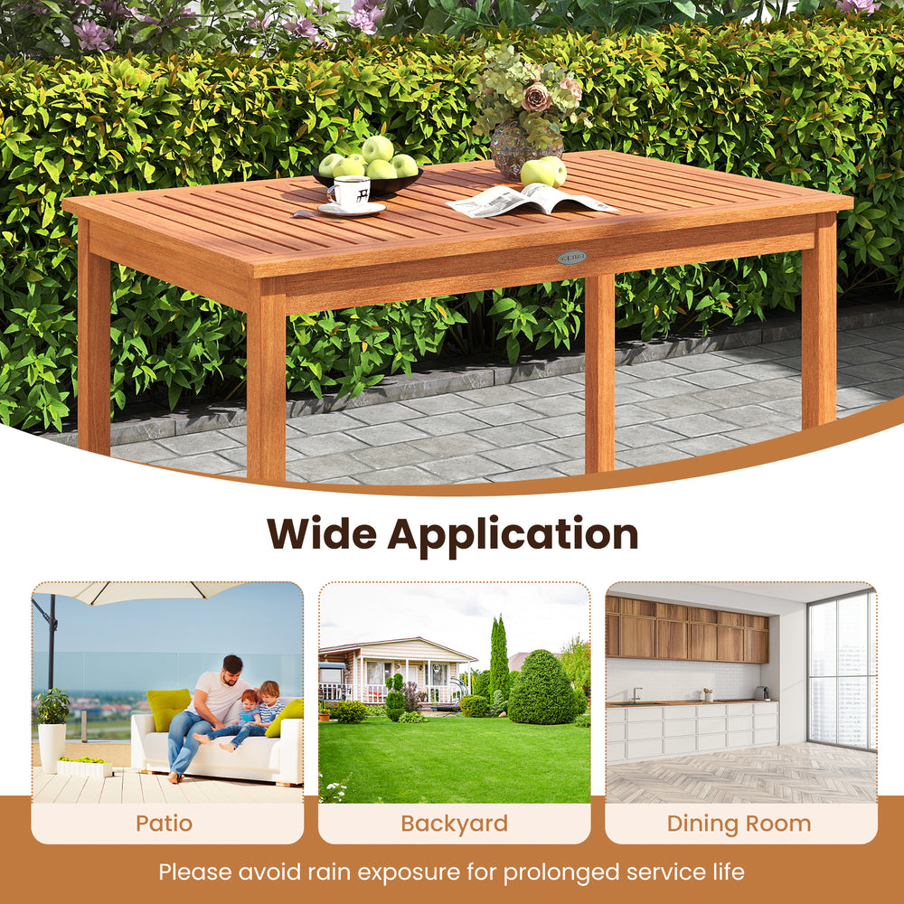Wooden outdoor dining table for 4-6 people, 48 inches, showcasing a smooth surface, ideal for patio or backyard use.