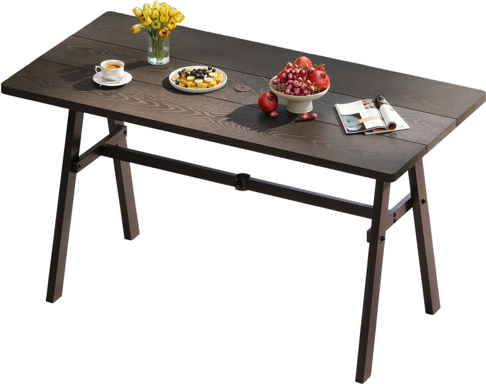 Dark brown outdoor dining table for 6 with a wood-like surface and 1.93" umbrella hole, perfect for garden gatherings.