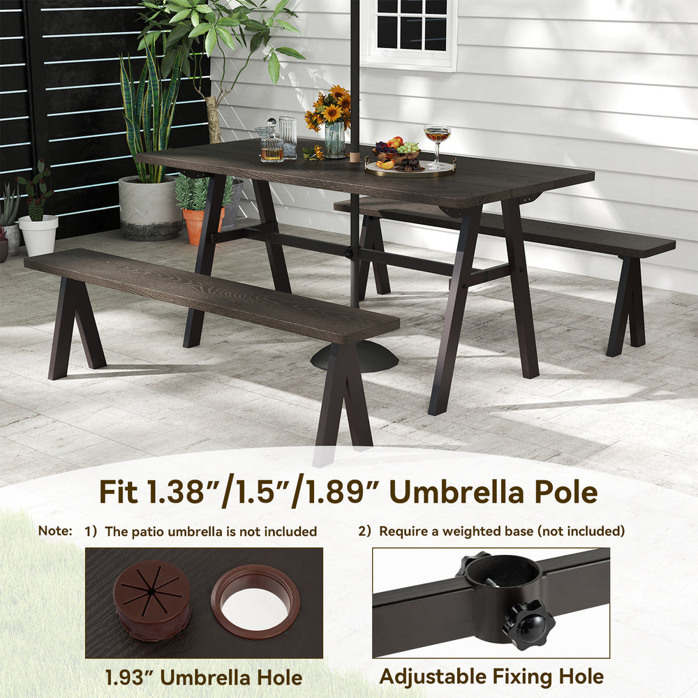 Outdoor dining table for 6 in dark brown with a 1.93" umbrella hole, perfect for garden or patio gatherings.