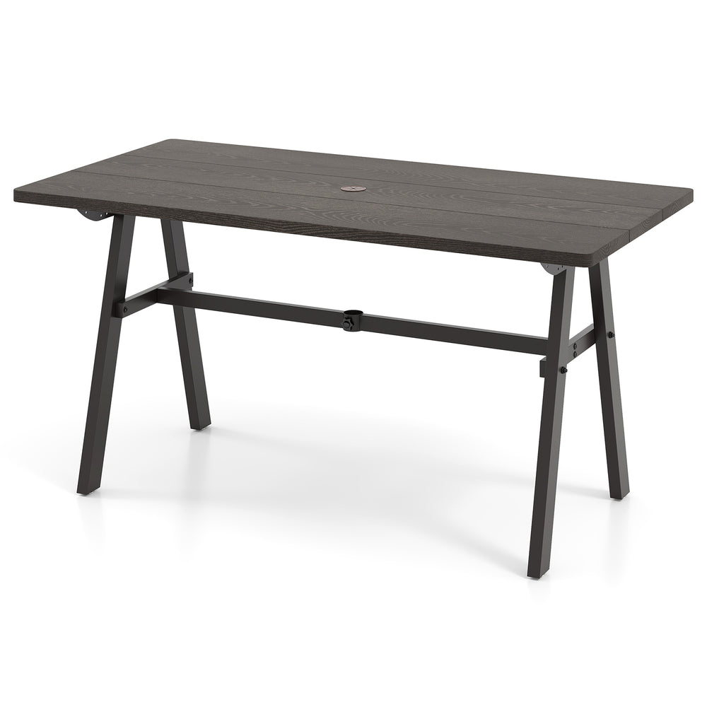 Dark brown outdoor dining table for 6 with a 1.93-inch umbrella hole, featuring a wood-like surface and sturdy iron.