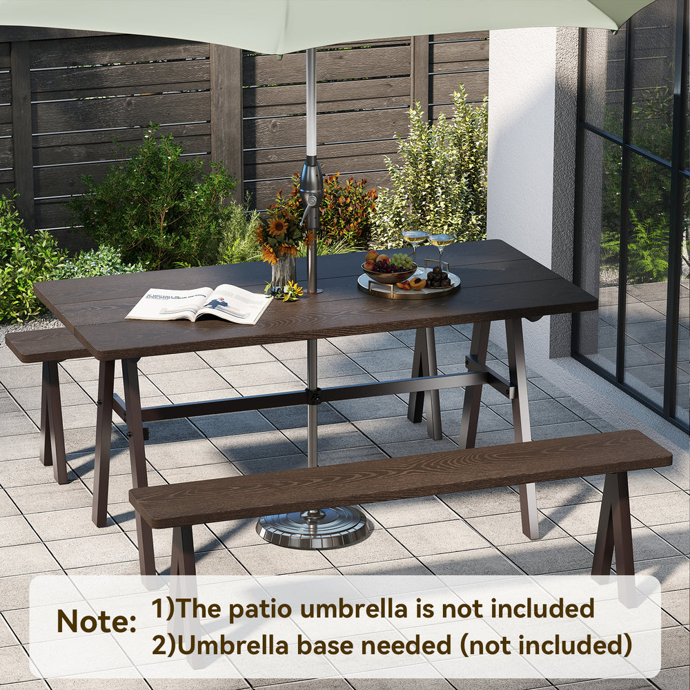 Outdoor dining table for 6 in dark brown with 1.93" umbrella hole, perfect for garden or patio gatherings.