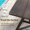 Wood-like surface of the dark brown outdoor dining table for 6, featuring a 1.93-inch umbrella hole, ideal for gardens.
