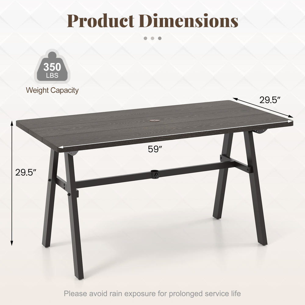 Outdoor dining table for 6 in dark brown with 1.93" umbrella hole, measuring 59"L x 29.5"W x 29.5"H for garden use.
