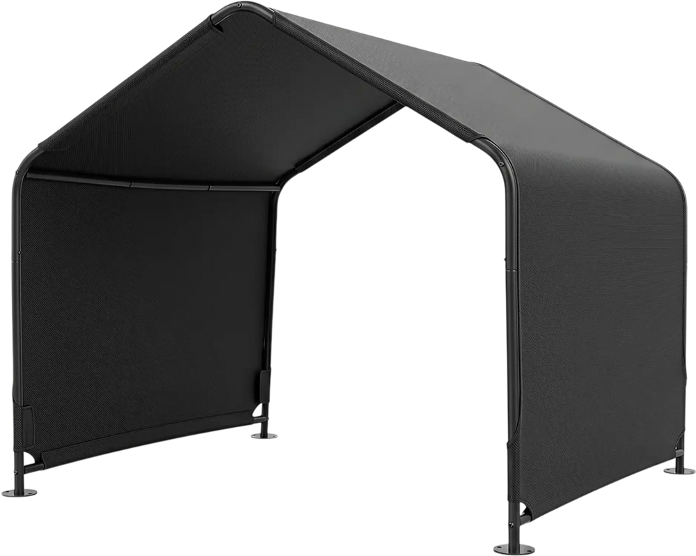 Spacious outdoor dog shade shelter in black with waterproof roof, sturdy frame, and open sides for ventilation.