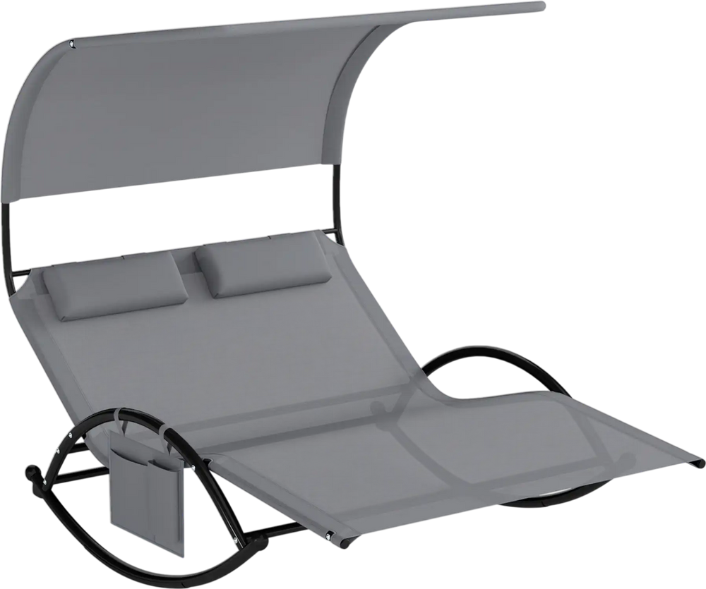 Gray outdoor dual rocker sunbed with canopy and detachable headrests, perfect for backyard and poolside relaxation.