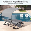 Outdoor dual rocker sunbed with gray polyester canopy, perfect for two-person relaxation by the poolside.