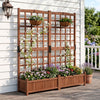Wooden raised garden bed with trellis in rustic brown, featuring two large planter boxes for vibrant flowers and plants.
