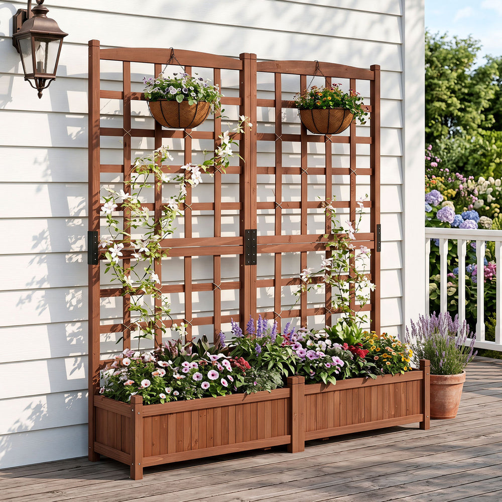 Wooden raised garden bed with trellis in rustic brown, featuring two large planter boxes for vibrant flowers and plants.
