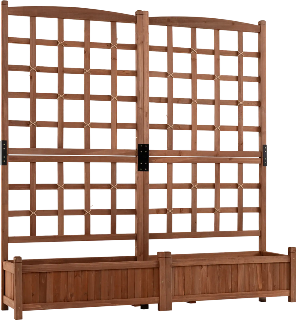 Outdoor dual wooden raised garden bed with trellis in rustic brown, perfect for climbing plants and natural privacy.