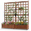 Outdoor dual wooden raised garden bed with trellis in rustic brown, designed to support climbing plants and enhance outdoor aesthetics.