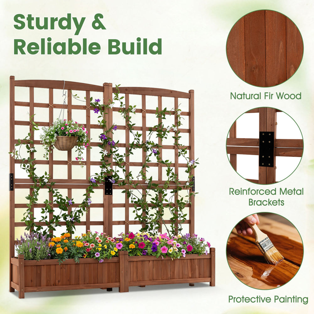 Outdoor dual wooden raised garden bed with trellis, made of fir wood, ideal for climbing plants and privacy screening.
