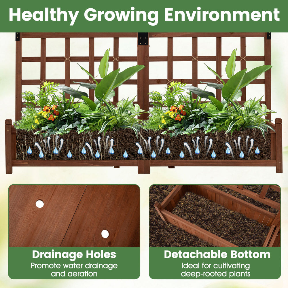 Outdoor dual wooden raised garden bed with trellis, featuring drainage holes and a detachable bottom for deep-rooted plants.