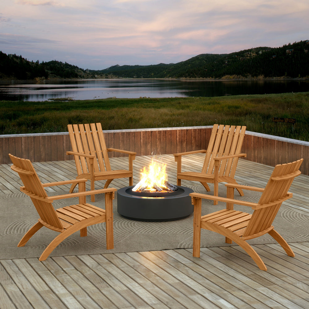 Natural acacia wood Adirondack lounge armchairs arranged around a fire pit, perfect for backyard relaxation.