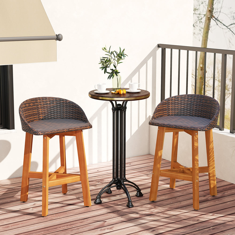 Outdoor Faux Rattan Bar Chairs Set of 2 with Ergonomic Backrests and Footrests-Brown - Gallery View 1 of 9