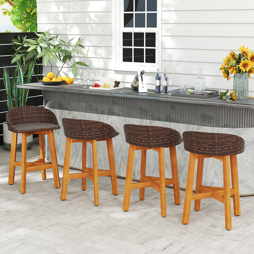 Set of two outdoor faux rattan bar chairs with ergonomic backrests and acacia wood legs, perfect for balcony or.