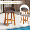 Outdoor faux rattan bar chair with ergonomic backrest and footrest, made of solid acacia wood for balcony or porch use.