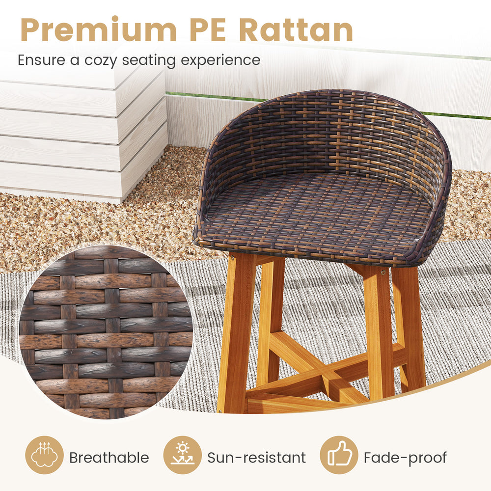 Outdoor faux rattan bar chair with ergonomic backrest and acacia wood legs, perfect for balcony or backyard relaxation.