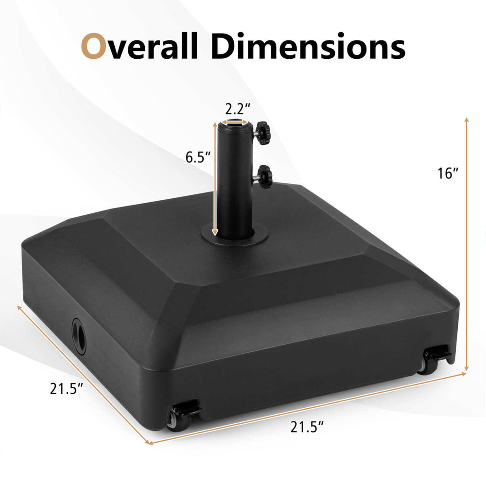 Outdoor fillable umbrella base with wheels, dimensions 21.5" x 21.5" x 16", designed for stability and mobility.