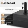 Heavy-duty outdoor umbrella base with wheels, adjustable knobs, and waterproof design for stability and mobility.