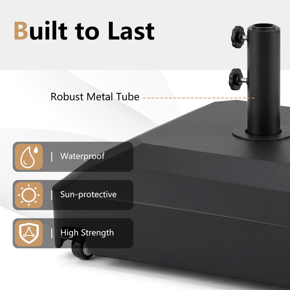 Heavy-duty outdoor umbrella base with wheels, adjustable knobs, and waterproof design for stability and mobility.