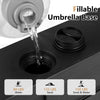 Fillable umbrella base with water/sand capacity, featuring wheels for mobility and adjustable knobs for 1.3"-1.9" poles.