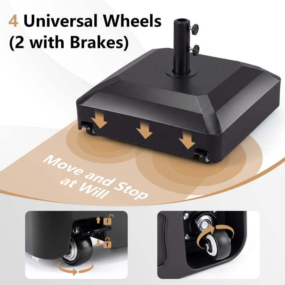Outdoor fillable umbrella base with 4 universal wheels, 2 lockable, for easy mobility and stability at patio or.