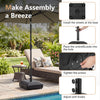 Heavy-duty outdoor umbrella base with wheels, adjustable knobs, and water/sand fillable for stability on patio or deck.