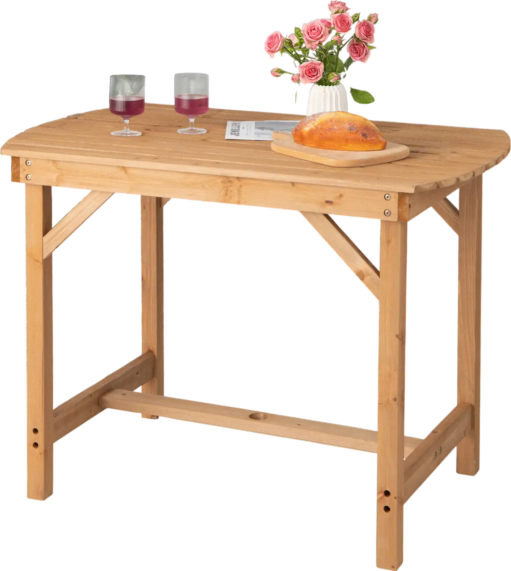 Outdoor fir wood dining table with slatted top and 1.5" umbrella hole, perfect for patio or garden use.