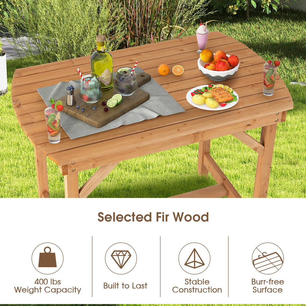 Outdoor fir wood dining table with slatted top, 1.5" umbrella hole, and 400 lbs capacity, perfect for patio gatherings.
