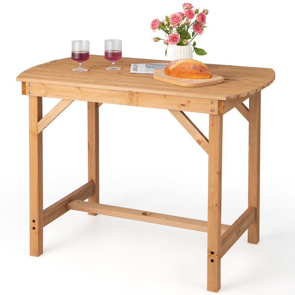 Outdoor fir wood dining table with slatted top, 1.5" umbrella hole, suitable for patio or garden use, seats 4-6 people.